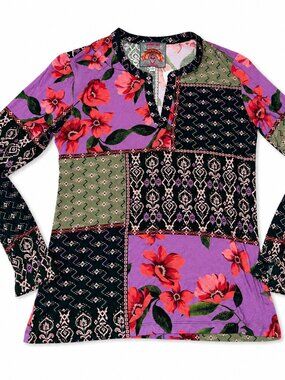 Johnny Was Zanda Split Neck Top M Multi Patchwork Floral Boho Long Sleeve
